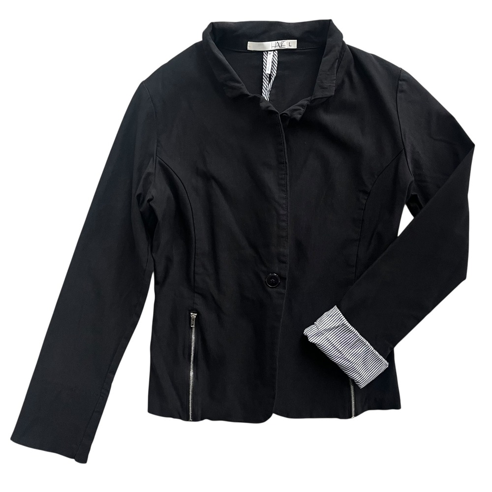 HAE Womens L Black Silver Zip Pockets Fitted One Button Blazer Moto Style Jacket